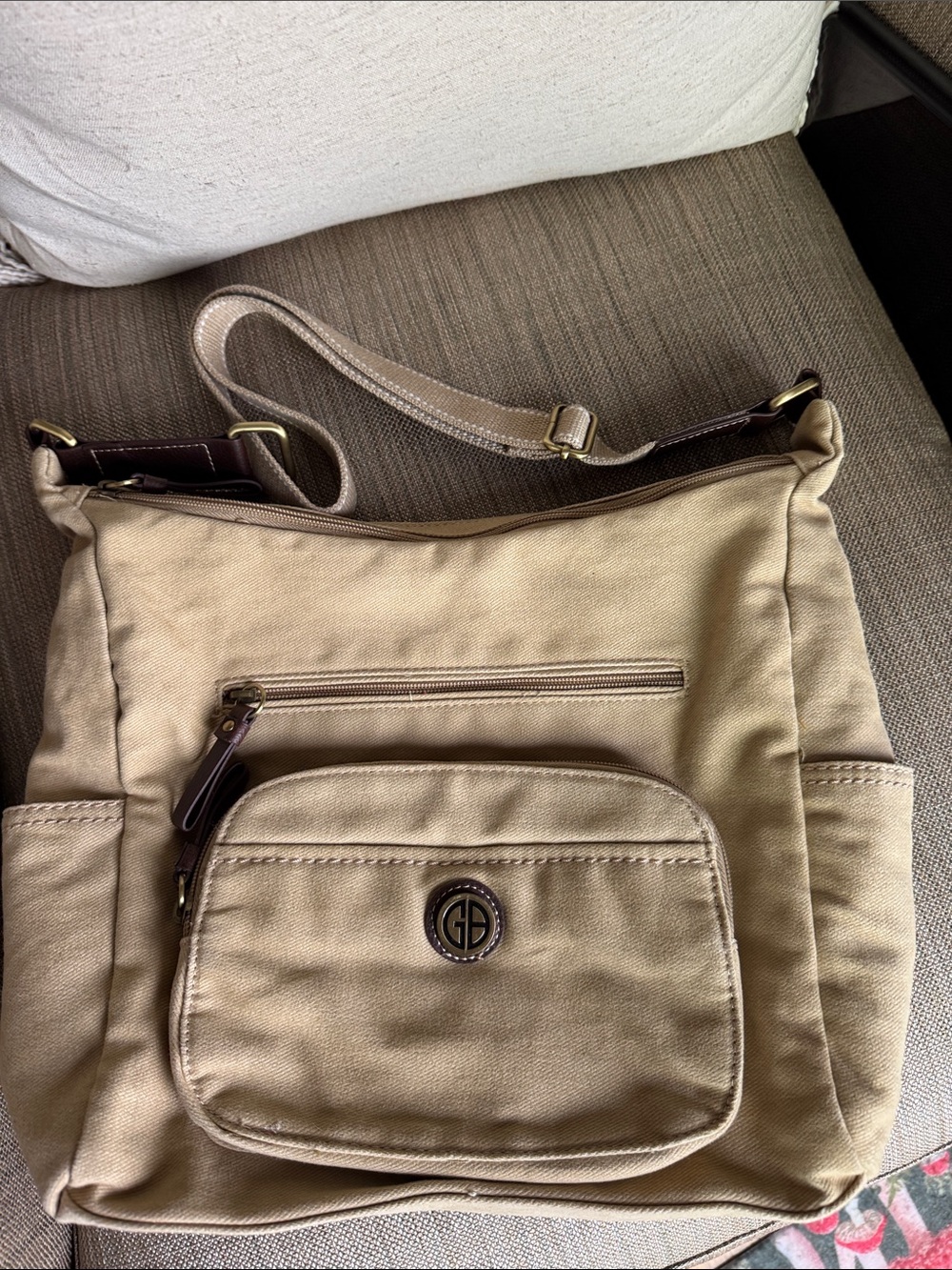 Giani Bernini Beige Canvas Shoulder Bag with Brown Trim